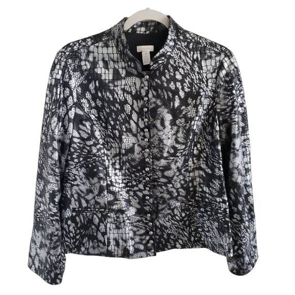 Chico's Woman Size M (chico 1) Silver and Black Snake Print Blazer Snaps Lined - Picture 1 of 7